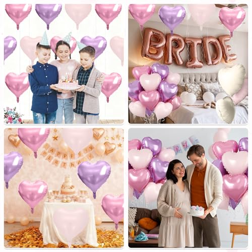 Image of Pink Purple Heart Balloons, 10 Pcs Light Pink and Purple Heart Shaped Balloon, 18 Inch Pastel Foil Balloons for Girls Women Butterfly Brithday Bridal Baby Shower Wedding Valentines Party Decoration