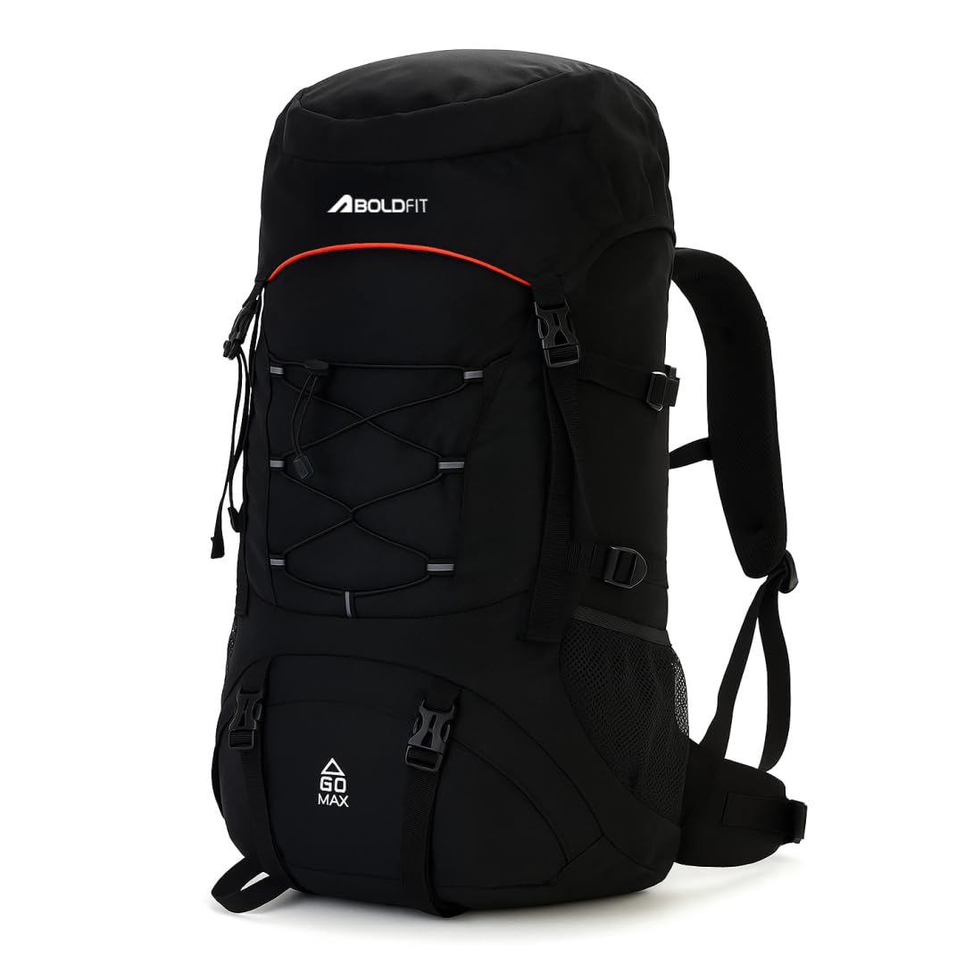 Boldfit Rucksack Bag 60 Litres Trekking Bag Travel Backpack For Men & Women Rucksack Bags For Men With Laptop Sleeve & Waterproof Rain Cover For Camping Tourist Bag With Shoe Compartment (Black)