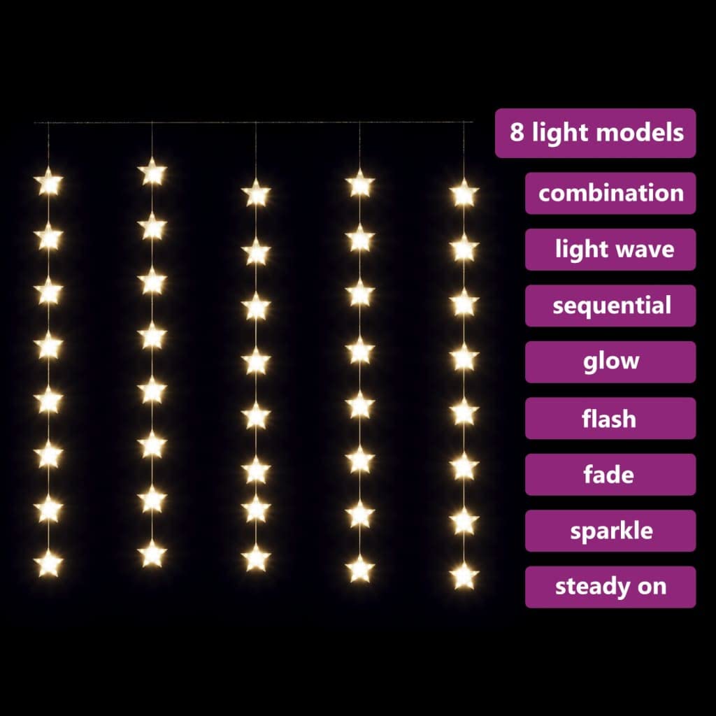 Guirnalda de luces LED con forma de estrella, 200 luces LED de color blanco cálido, 8 funciones