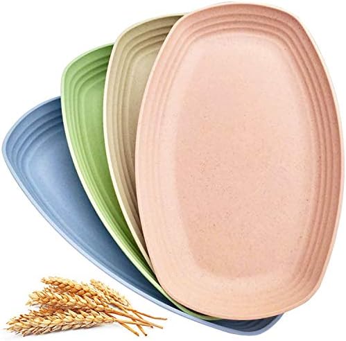 4Pcs Wheat Straw Plates and Bowls Sets - 11 Inch Dishwasher Safe Plates Microwave Safe Plastic Dinnerware Set - Unbreakable Dishes Wheat Straw Utensils - Kids Dinnerware Storage Set Reusable Plates