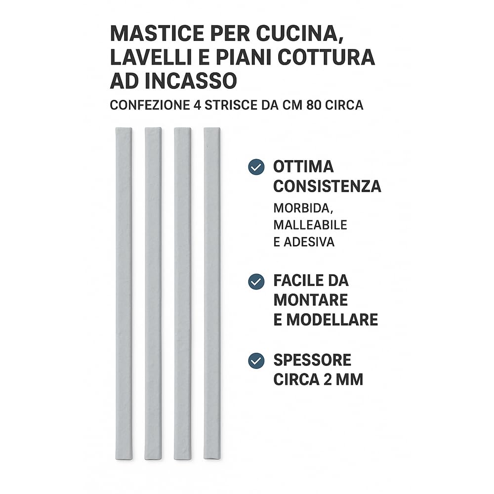 FERROELETTRA Guarnizione cucina piano cottura e lavello, mastice adesivo top cucina, 4 strisce da 80 cm, spessore 2 mm, facile da montare, Made in Italy