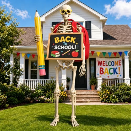 12 Foot Skeleton Back to School Outfit Giant 12FT Skeleton First Day of School Clothes Costume Accessories Including 31 Giant Schoolbag 31 Chest Sign Yellow Glasses & 43 Inflatable Pencil Balloon