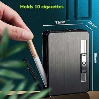 Cigarette Case with Lighter, Automatic Ejection Box Holder for 10 Regular Size Cigarettes, Built in Electric Lighters USB Rechargeable (Black Nickel)