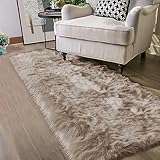 Latepis Brown Beige 2x5 Washable Small Rug Faux Sheepskin Fur Rug Fluffy Shag Rugs for Living Room Bedroom Dorm Furry Plush Rugs Cute Room Decor