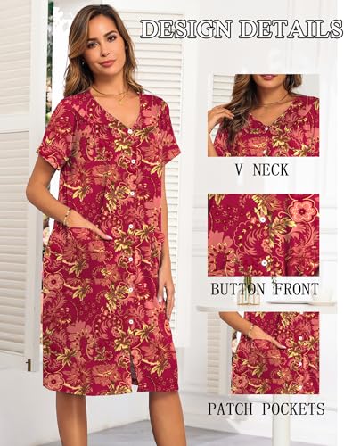 Image of Ekouaer House Dresses for Women with Pockets Button Down Nightgowns Plus Size Moo Moos Mumu Dresses Floral Print S-3XL