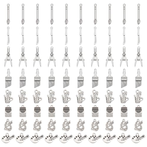 Otterrete: 80 ciondoli in lega per pittura totale, 8 stili, 10 pezzi/stile. Dimensioni: circa 14-29,5 x 3-19 x 1,5-4,5 mm con foro da 1,4-3,5 mm. Questi ciondoli a forma di strumento artistico sono disponibili in vari disegni, semplici da abbinare. E sono dimensionati per adattarsi perfettamente a gioielli o accessori fai da te, con piccoli anelli per un facile fissaggio