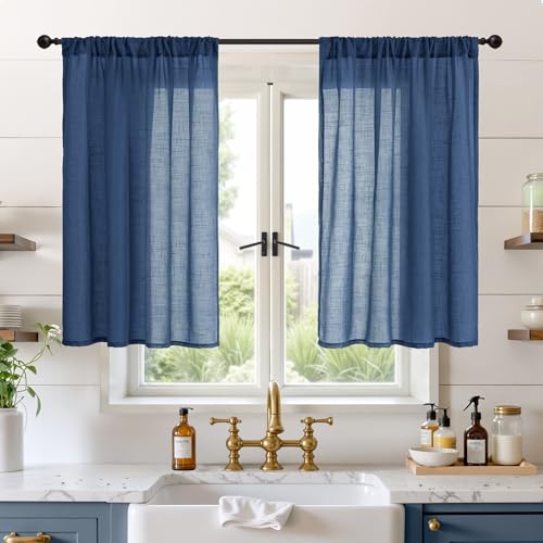 Image of BGment Short Navy Blue Semi Sheer Curtains 40 Inch Length for Windows, Linen Small Drapes Light Filtering for Bathroom Cafe Decor with Rod Pocket Lightweight, 2 Panels Set, Each 30 Inch Wide