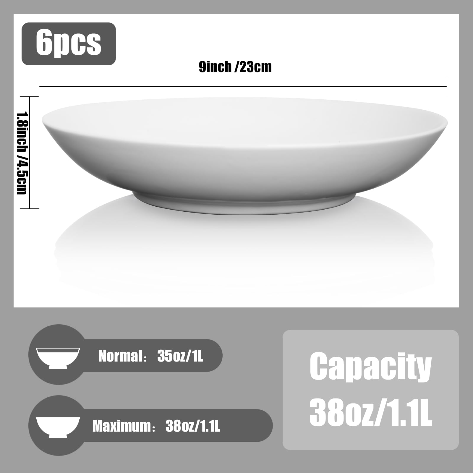 Platos para pasta, 6 platos hondos grandes de 1,1 l, platos hondos, platos para desayuno, platos para tartas, platos para ensalada, aptos para microondas y lavavajillas, blanco Φ23 cm