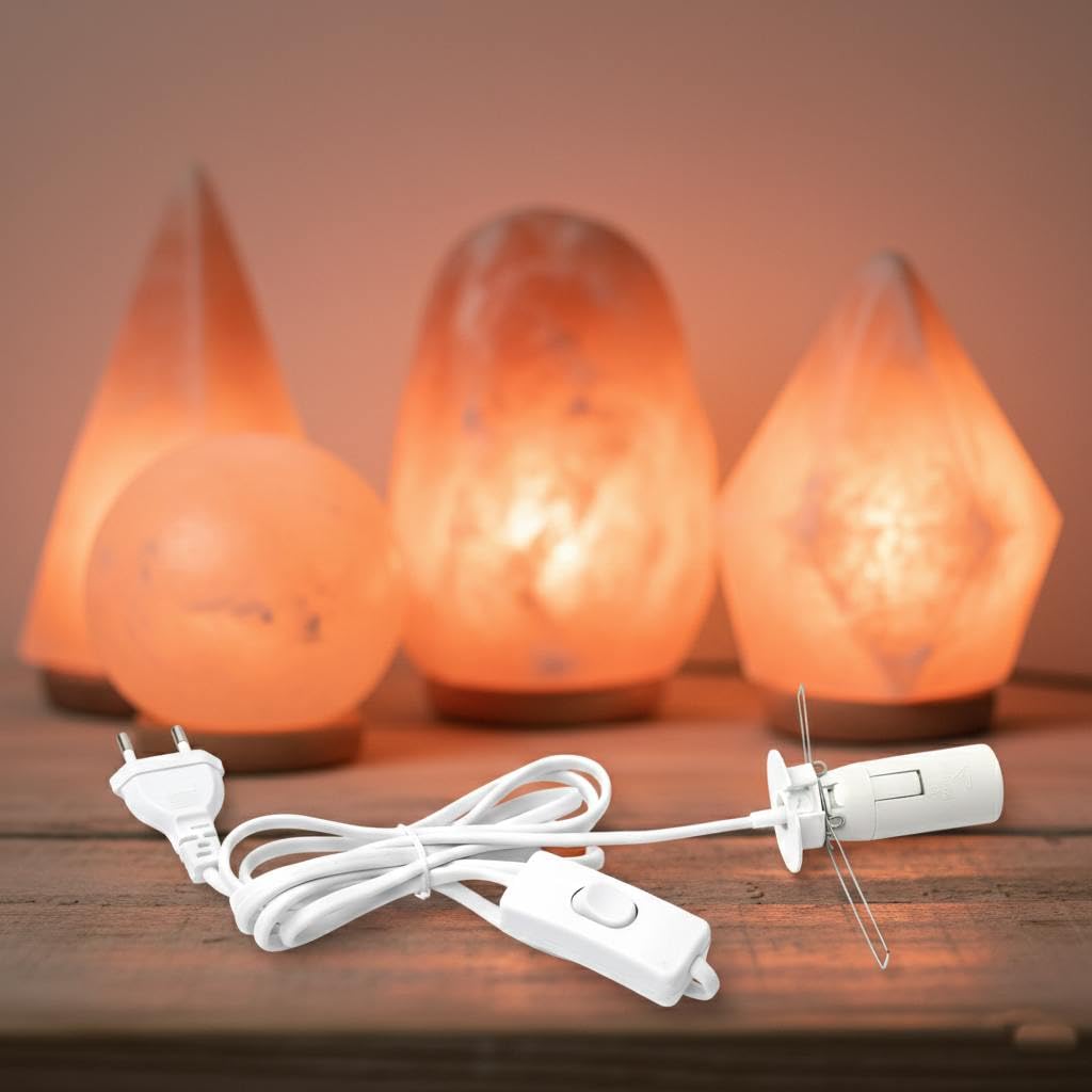 Ersatzkabel für Salzlampe mit Schalter – 1,8m Netzkabel Weiß – E14 Fassung mit Halteklammer – Ideal für Kristall-Salzlampen, Tischlampen und Stimmungslicht (E14 Weiß)