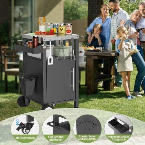 Wetterfester Edelstahl Grillwagen Outdoor Küche, großer Grilltisch 3-Etagen Küchentrolley mit wetterfestem Schrank, große Räder & 2 Lenkrollen, multifunktionaler Outdoor Küchen Servierwagen (46*46*88)
