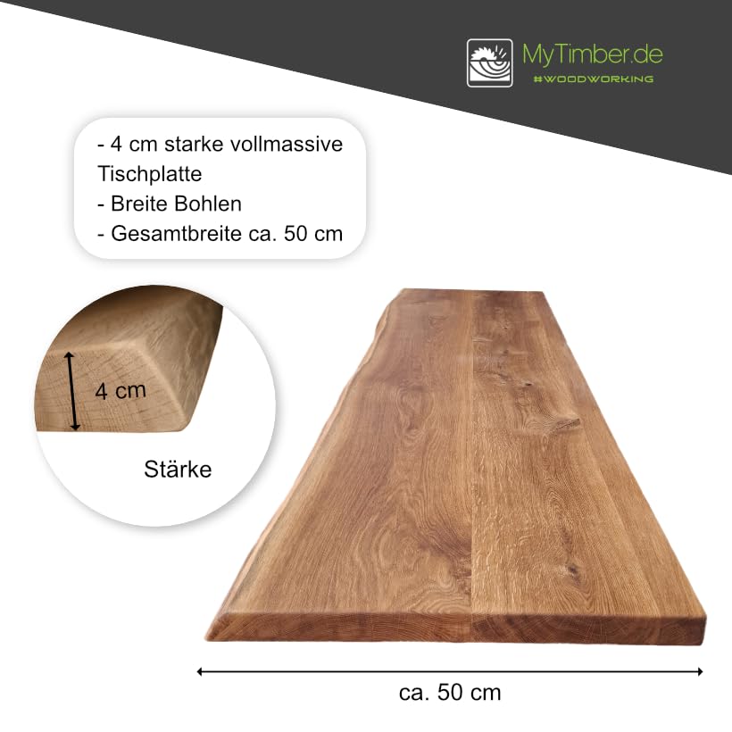 MyTimber® Waschtischplatte aus Eiche Massivholz | 4cm Starke Eichenbohlen | Ideal für Aufsatzwaschbecken | Baumkante oder gerade Kante (Baumkante - gespachtelt & geölt, 100x50cm)