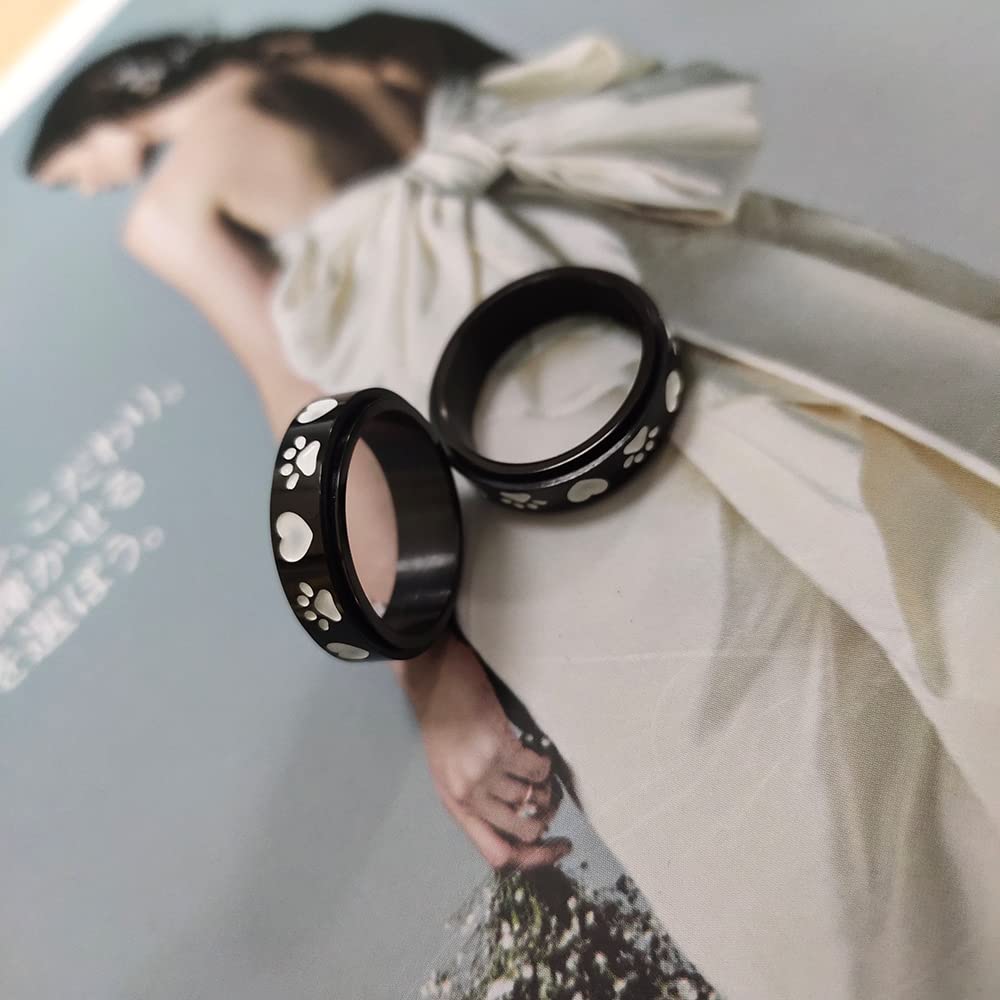 Adorable bague anti-stress avec empreintes de pattes de chien en acier inoxydable noir - Cadeau de mariage ou d'anniversaire pour femme et homme - Pour l'ennui, le TDAH, l'autisme et l'anxiété