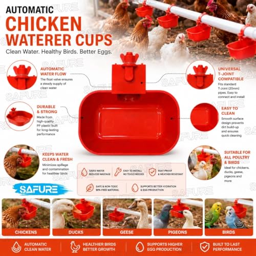 Image of Automatic Chicken Waterer Cups (Pack of 2) | Large Poultry Drinkers | Universal T-Joint Compatible Water Feeder for Chickens, Ducks, Geese, Pigeons & Birds | Easy-Clean Plastic Chicken Waterer Set