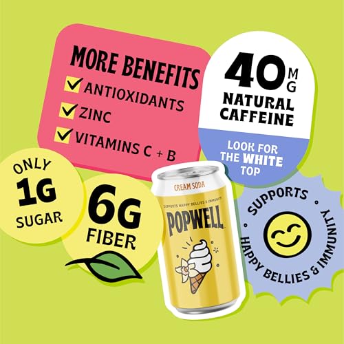 Image of Popwell Cream Soda Caffeinated Better-For-You Prebiotic Soda, with 6g Fiber, 1g Sugar, Vitamins and Immunity Support, 12 fl oz Cans (pack of 12)