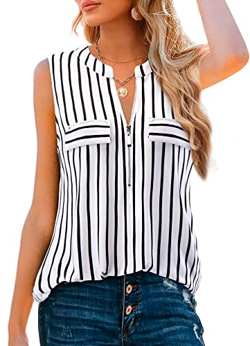 Bulotus Women's Zipper V-Neck Sleeveless Summer Tops Business Casual Work Tunic Tank Tops Dressy Blouse Shirt