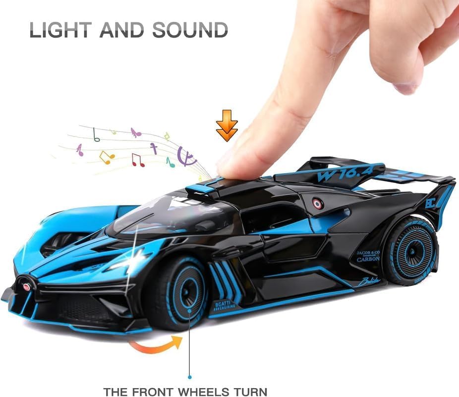 Image of Kids Model 1:24 Big Bugadi Bolide Die Cast Metal Car Pull Back Action Opening Doors with Realistic Engine Sound Lights Toy Car Gift for Boys - Blue