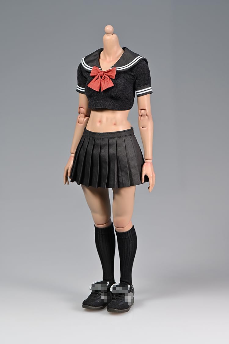 Fremego 1/6 Scale Female Student JK Uniform Clothes Set - Black, Anime School Uniform, 1PC Tops, 1PC Skirt, 1PC Bow Tie, Action Figure Clothes