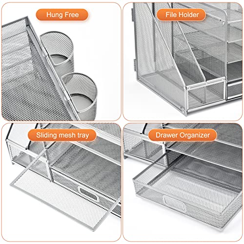 Image of Marbrasse Desk Organizer with File Holder, 5-Tier Paper Letter Tray Organizer with Drawer and 2 Pen Holder, Mesh Desktop Organizer and Storage with Magazine Holder for Office Supplies (Silver)