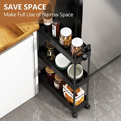 Solejazz Slim Storage Cart, 3 Tier Bathroom Cart Organizer Mobile Shelving Unit Rolling Utility Cart, Slide Out Organizer For Kitchen, Bathroom, Laundry, Narrow Places, Black #TOP3