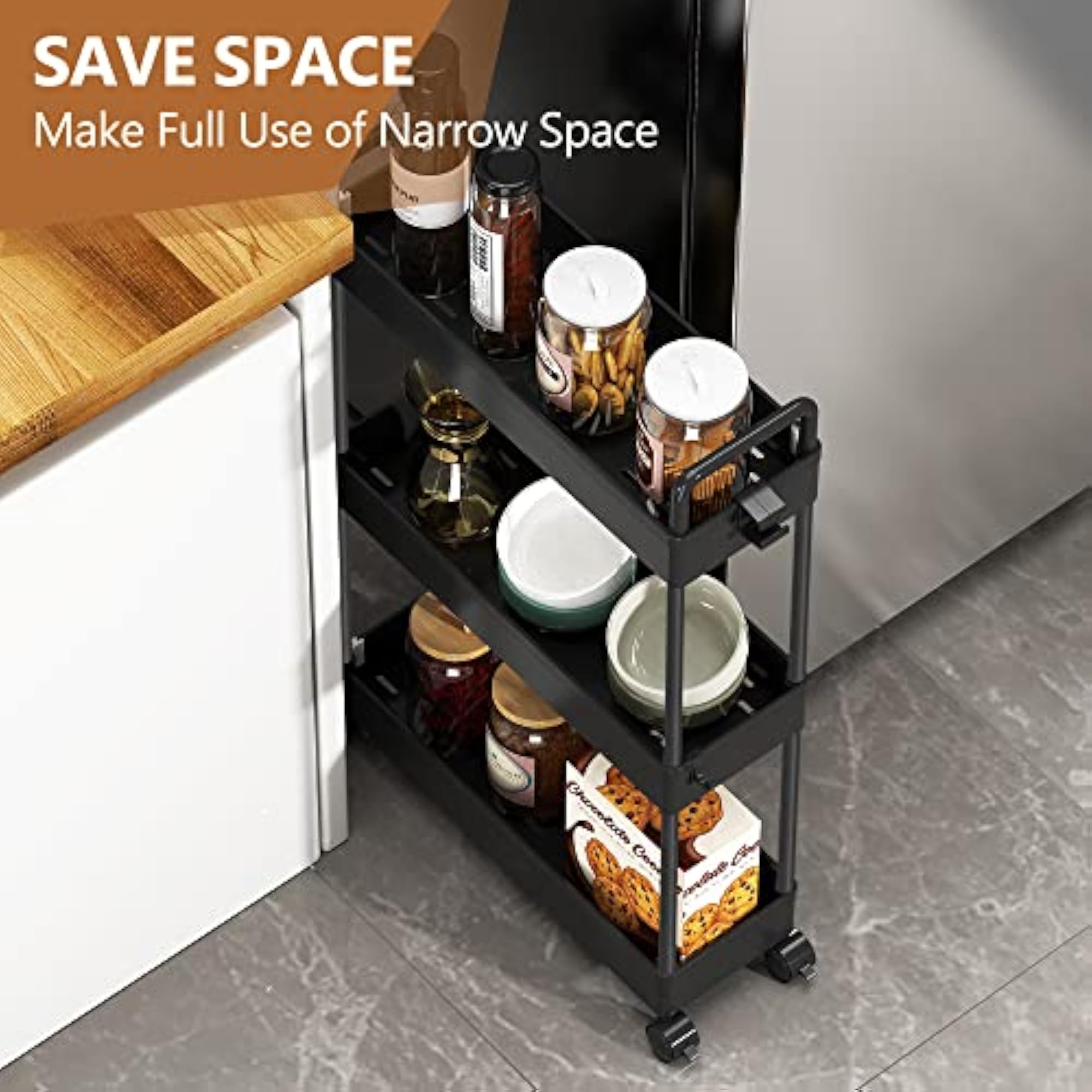 3-Tier Slim Mobile Storage Cart with Handle for Narrow Spaces, Black
