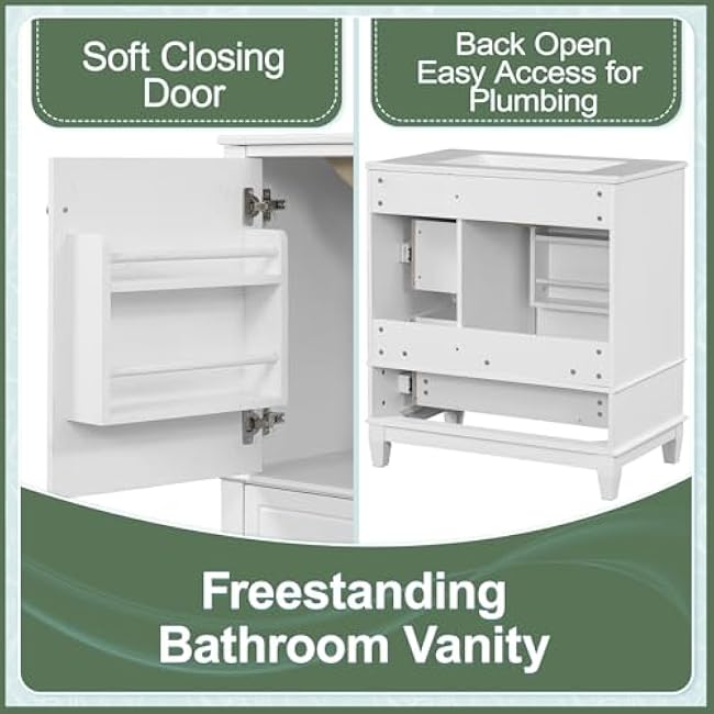 30 Inch Bathroom Vanity with Ceramic Sink Combo Set Modern Lavatory Freestanding Storage Cabinet with Door-Shelf & 3 Drawers for Small Space, Solid Wood Frame, White