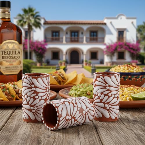Image of Talavera Shot Glasses Set of 4 Authentic Mexican Tequila Shot Glasses - Hand-painted - 2 Oz (White Brushstroke Terracotta Background)