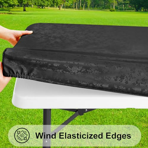 Image of Smiry Heavy Duty Vinyl Fitted Tablecloths for 5 Foot Rectangle Tables | Elastic Waterproof Fitted Tablecloths, Wipeable Washable Table Cover for Kitchen, Dining, Camping (Black, 30 inch x 60 inch)
