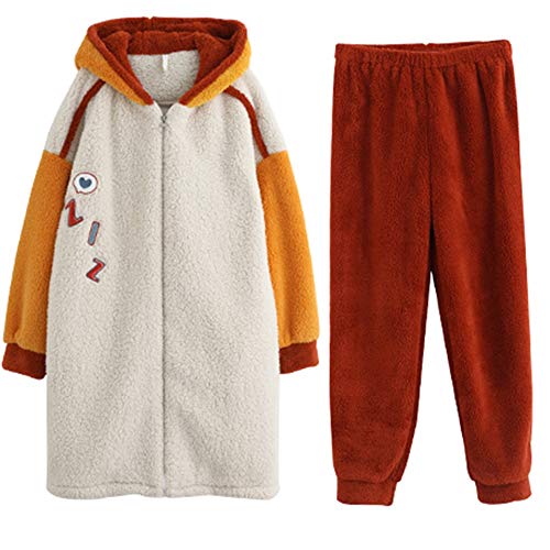 Preisvergleich Produktbild BESISOON Schlafanzüge Pyjamas Set Langarm Nachtwäsche Ferien Pyjama-Sets Lange Pyjamahosen Nachtwäsche Set Damen mit Kapuze Vlies-2-teiliges Vollheim Wear (Color : Yellow, Size : M)
