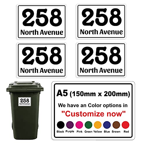 4 x Personalised Custom Wheelie Bin Number Stickers with Waterproof House Number & Street Name