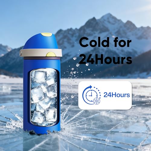 Image of Insulated Water Bottle with Straw - Encool Stainless Steel Water Bottle with Push Button Lid, Leak-Proof & BPA-Free, Keeps Cold for 24 Hours for Sports, Travel, Gym (18 oz, Sapphire)