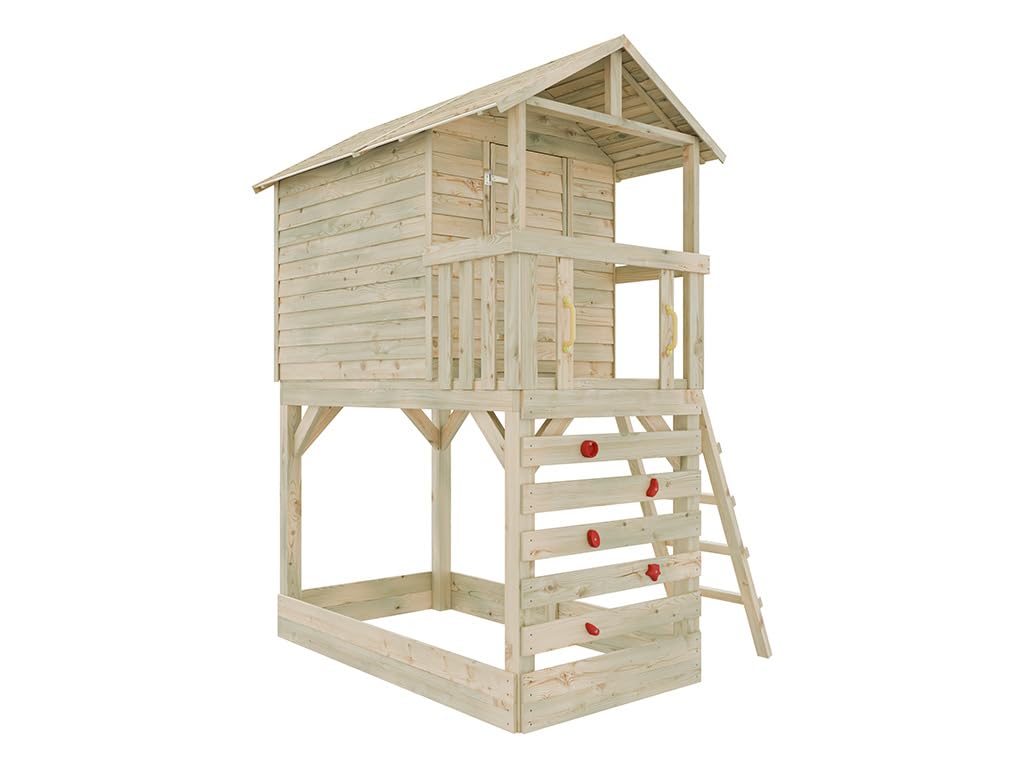 Stelzenhaus Luis Braun Grün, Kesseldruckimprägniertes Kiefernholz Stelzenhaus mit Veranda, Sandkasten, Kletterwand, Leiter, Spielhaus für Kinder Garten, 150 x 216 x 300 cm