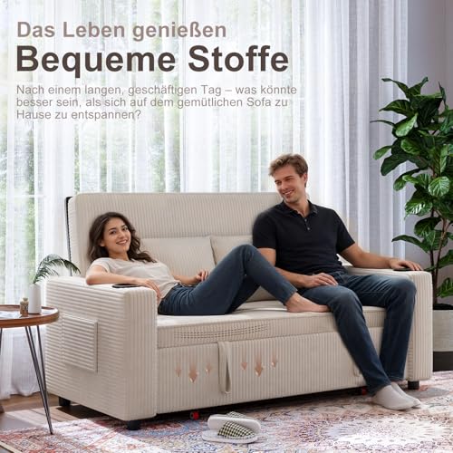 JUMMICO Schlafsofa 2 Sitzer klein Sofa mit Schlaffunktion Schlafcouch Ausziehbar mit Kissen Couch Cord-Bezug mit Getränkehalter Klappsofa Für Wohnzimmer Schlafzimmer,69 x 141 x 88 cm,Beige