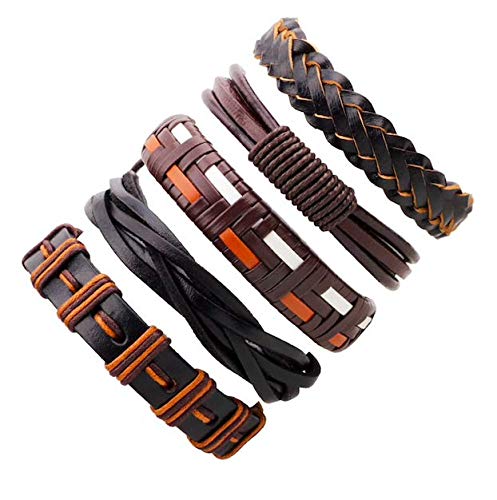 Moda Accessories Fashion Set of 5 Genuine Leather Multi Strand Stylish Bracelets for Men and Boys (Style 1)