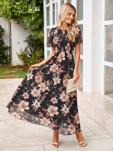 Image of Simplee Womens Casual Floral Summer Maxi Dress 2026 Boho Flowy Short Sleeve Crew Neck Vacation Smocked Chiffon Dresses