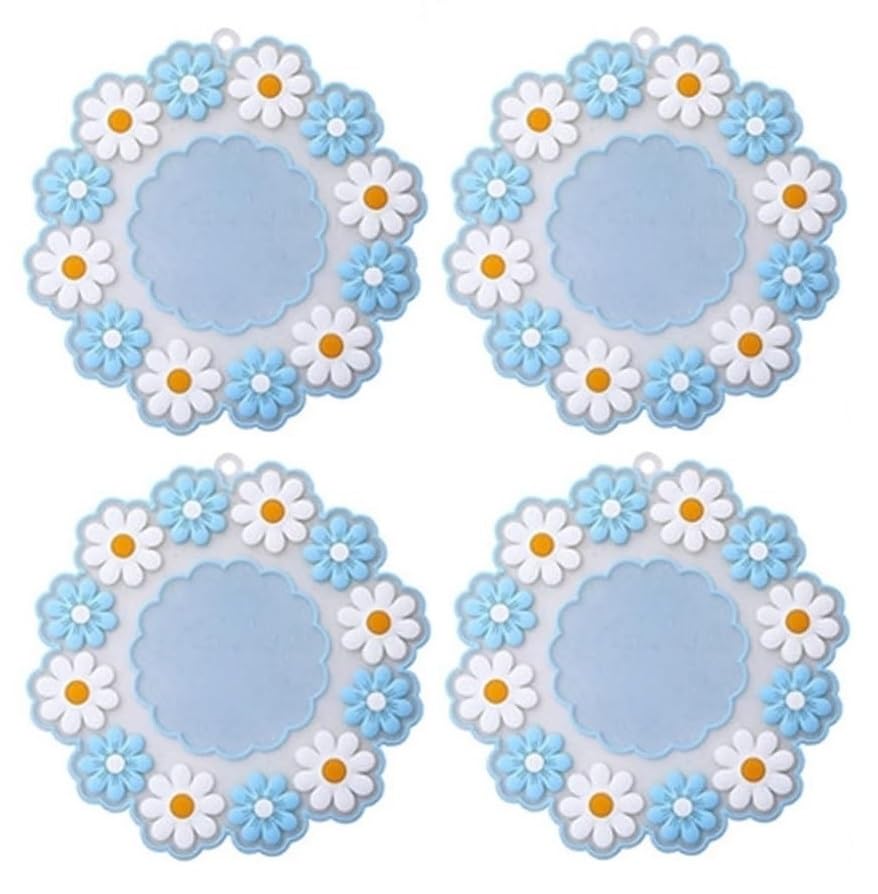 Silicone Trivet Mat for Hot Pot and Pan,Silicone Mats for Kitchen Counter,Heat Resistant Mat,Kitchen Gadgets,Unique Flower Design Silicone Cover Pad for Plates Dishes(Pack of 4-Medium,Blue)