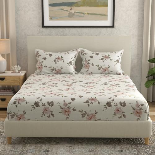 Image of Huesland by Ahmedabad Cotton 144 TC Cotton Elastic Fitted Bedsheet for Double Bed with 2 Pillow Covers | 60 x 78 inches