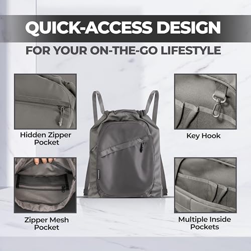 Image of Sports Drawstring Backpack, Waterproof Gym Cinch Bag - Gray