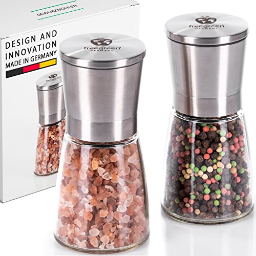 freegreen® GERMANY Salz und Pfeffermühle 2er Set [14cm] mit verstellbarem Keramik-Mahlwerk I Salzmühle I Gewürzmühle I Chilimühle I [Ohne Gewürzinhalt] I Küchenhelfer I Geschenkidee I Inkl. Kochbuch Cover