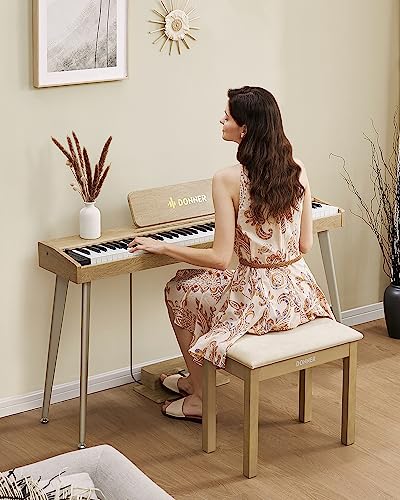 Donner Piano Bench with Storage, Solid Wood Keyboard Bench Piano Bookcase Stool Chair Seat with High-Density Suede Cushion, Light Wood Color - image 6