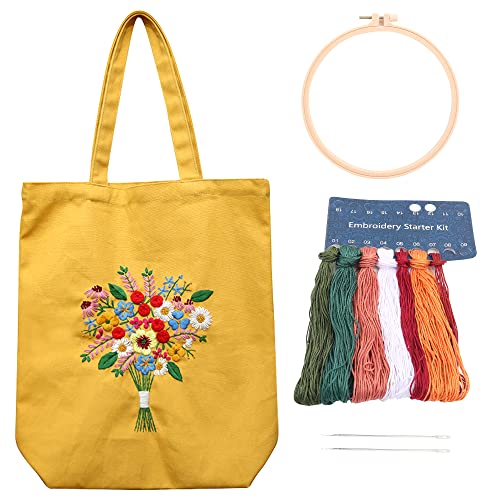 MAMUNU Canvas Tote Bag Embroidery Kit with Pattern for Beginners, Arts and DIY Crafts Kits for Adults, Include Instructions Embroidery Bag, Embroidery Hoops, Color Threads and Tool (Yellow)