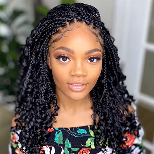 Goddess Box Braids Crochet Hair For Woman 12 Inch 7 Packs Short Pre-Looped Crochet Box Braids Curly Ends Bohemian Hippie Braids Synthetic Braiding Hair Extension (1B) #TOP8