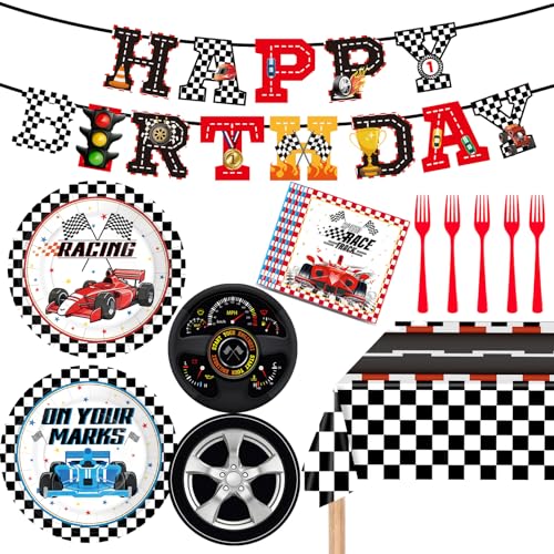 Race Car Party Supplies Tableware Set Serve 20 Guests Racing Game Party Plates Napkins Banner and Checkered Flag Tablecloth for Race Car Birthday Party Race Day Tailgate Party Decor