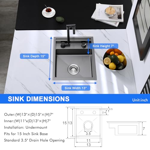 Image of 13 inch RV Kitchen Sink with Fold Faucet, 18 Gauge Stainless Steel Single Bowl Undermount Bar Sink for Small Kitchen, Camper, D13 inchxW15 inchxH7 inch