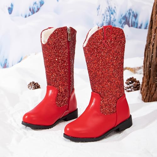 Girls Winter Boots Kids Sparkle Glitter Contrast Cowgirl Fleece Lined Warm Mid Calf Snow Boots Western Riding Shoes2