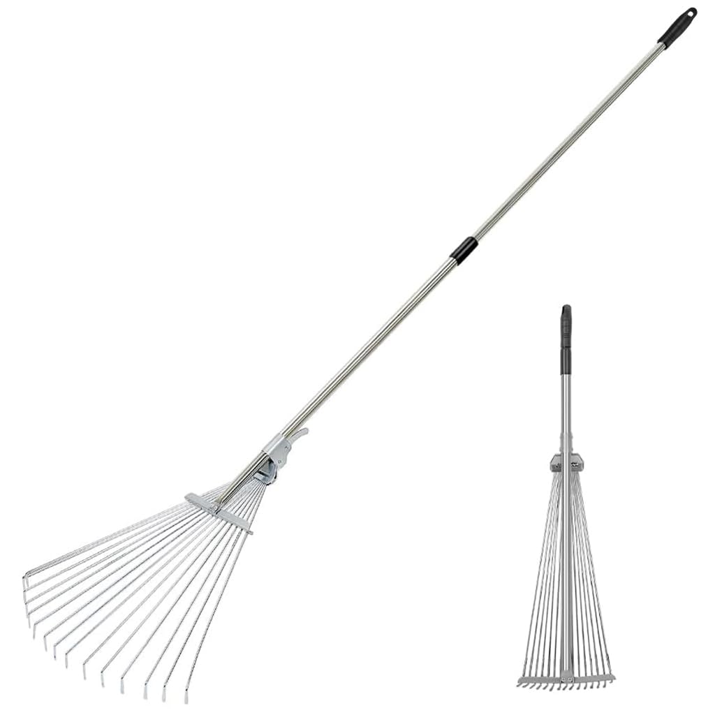 HASTHIP® Retractable Garden Leaf Rake - Foldable Gardening Rake For Leaves - Garden Metal Thatch Rake - Heavy Duty Rakes For Lawn & Garden - Grass Remover Tools - Grass Rake For Lawn, Yard, Beds