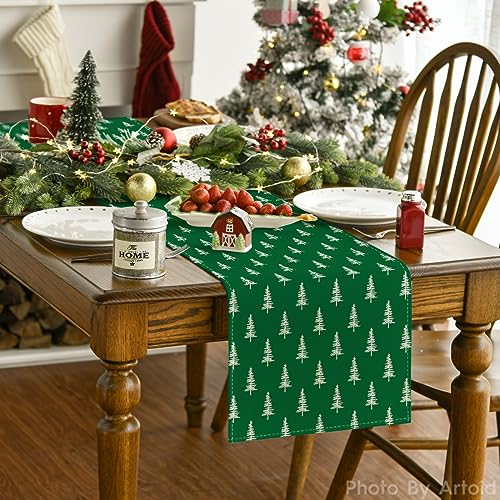 Image of Artoid Mode Green Xmas Tree Christmas Table Runner, Seasonal Winter Kitchen Dining Table Decoration for Home Party Decor 13x72 Inch