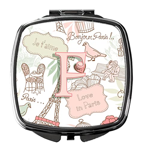 Caroline's Treasures CJ2002-FSCM Letter F Love in Paris Pink Compact Mirror Decorative Travel Makeup Mirror for Women Girls Gifts Pocket Makeup Mirror Folding Handheld