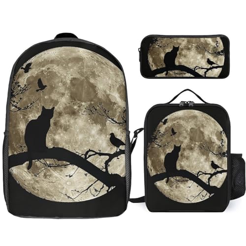 3 Piece Backpack for Women Men Lightweight Causal Daypack Shoulder Bag Set with Insulated Lunch Bag And Pencil Case Organizers Cat Sitting on A Branch