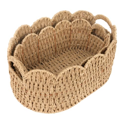 iEGrow Paper Rope Scalloped Basket, Set of 2 Woven Storage Wicker Baskets with Handle for Organizing and Shelves, Cute Boho Oval Baby Baskets for Decor, Towel, Toys, Nursery, Book, Gift Natural