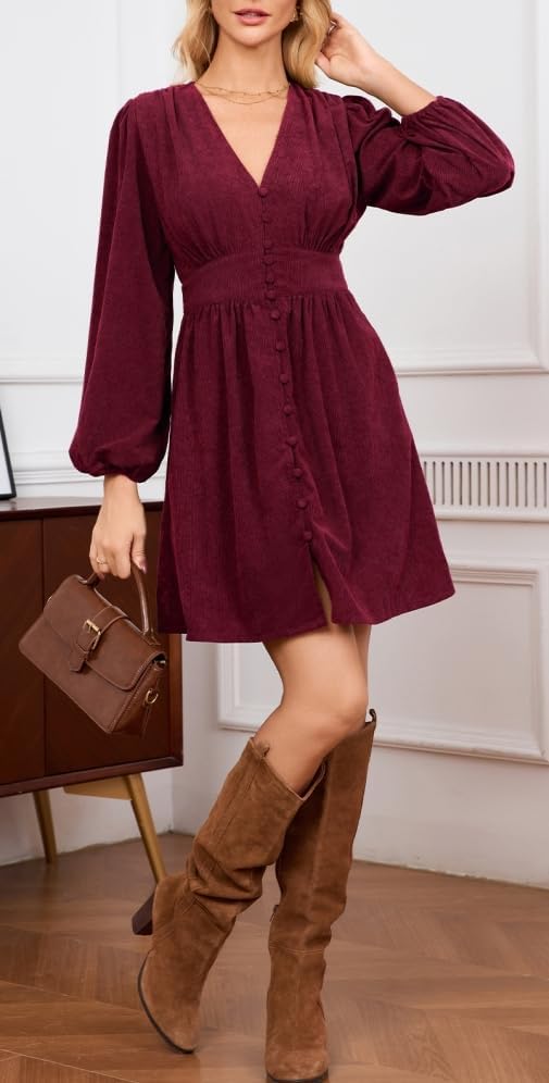 Women Corduroy Mini Dress V Neck A-Line Button Up Puff Sleeve Winter Fall Spring Dresses for Women - Image 6